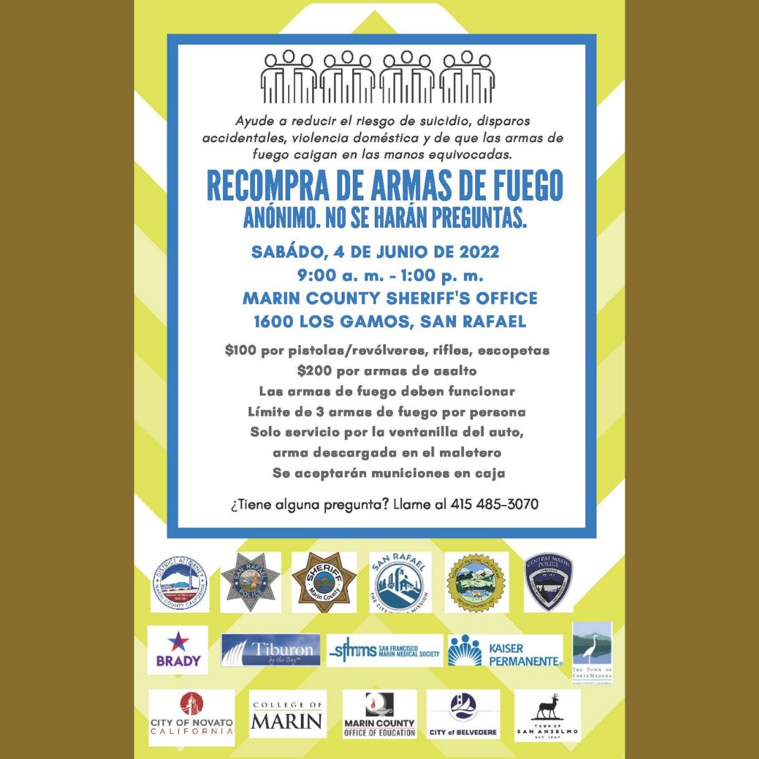 MarinSheriff's tweet photo. Gun Buy Back program is happening June 4th, no questions asked! Completely anonymous.

Handguns, Rifles and Shotguns - $100
Assault Weapons - $200

9AM to 1PM at our main office. https://t.co/HeFJfLDFge