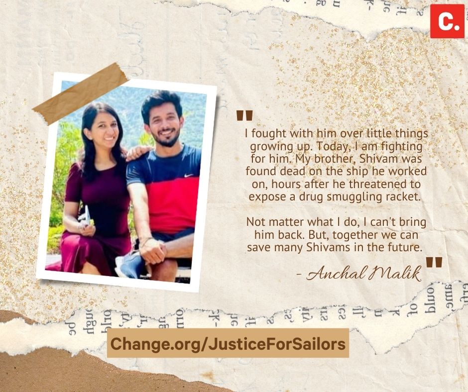 ChangeOrg_India's tweet photo. Day 243: @anchalmalikk's quest for justice for her brother Shivam, who died mysteriously on a ship, has reached the Shipping Ministry. Ahead of her meeting on 2nd June, sign her petition to convey to the govt that you are with her: Sign: https://t.co/eMY2jwdLWP #JusticeForSailors https://t.co/usKzvYInA8