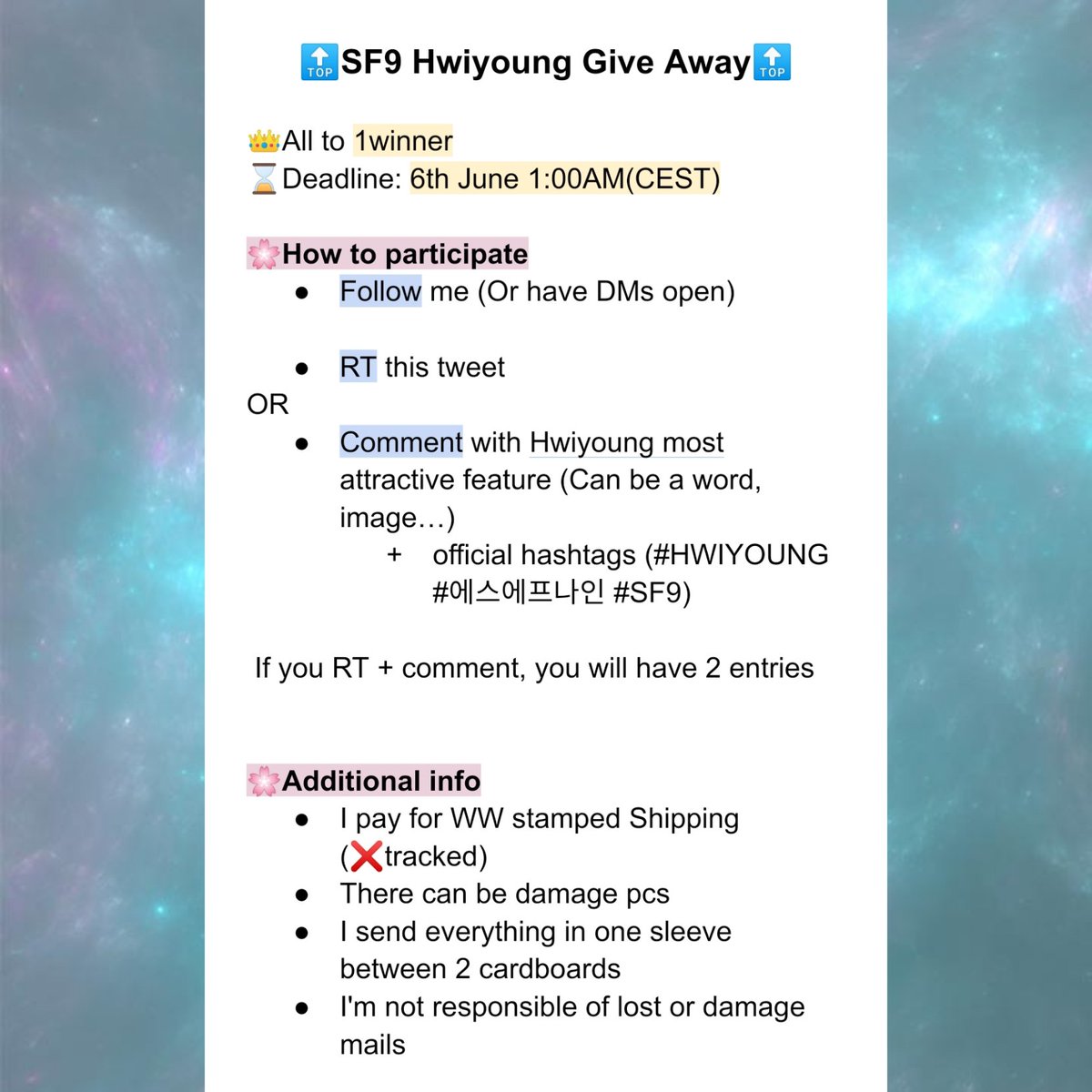 1218menos95's tweet photo. 🔝SF9 Hwiyoung pcs
✨WW✨ Give away🎁

🌸How to entry🌸
🔹Follow
🔹RT
🔹Comment
‼️For details, read second image

👑All to 1winner
⌛Deadline: 6th June 1:00AM(CEST) 

#HWIYOUNG #에스에프나인 #SF9 https://t.co/4PnuP1vJ06