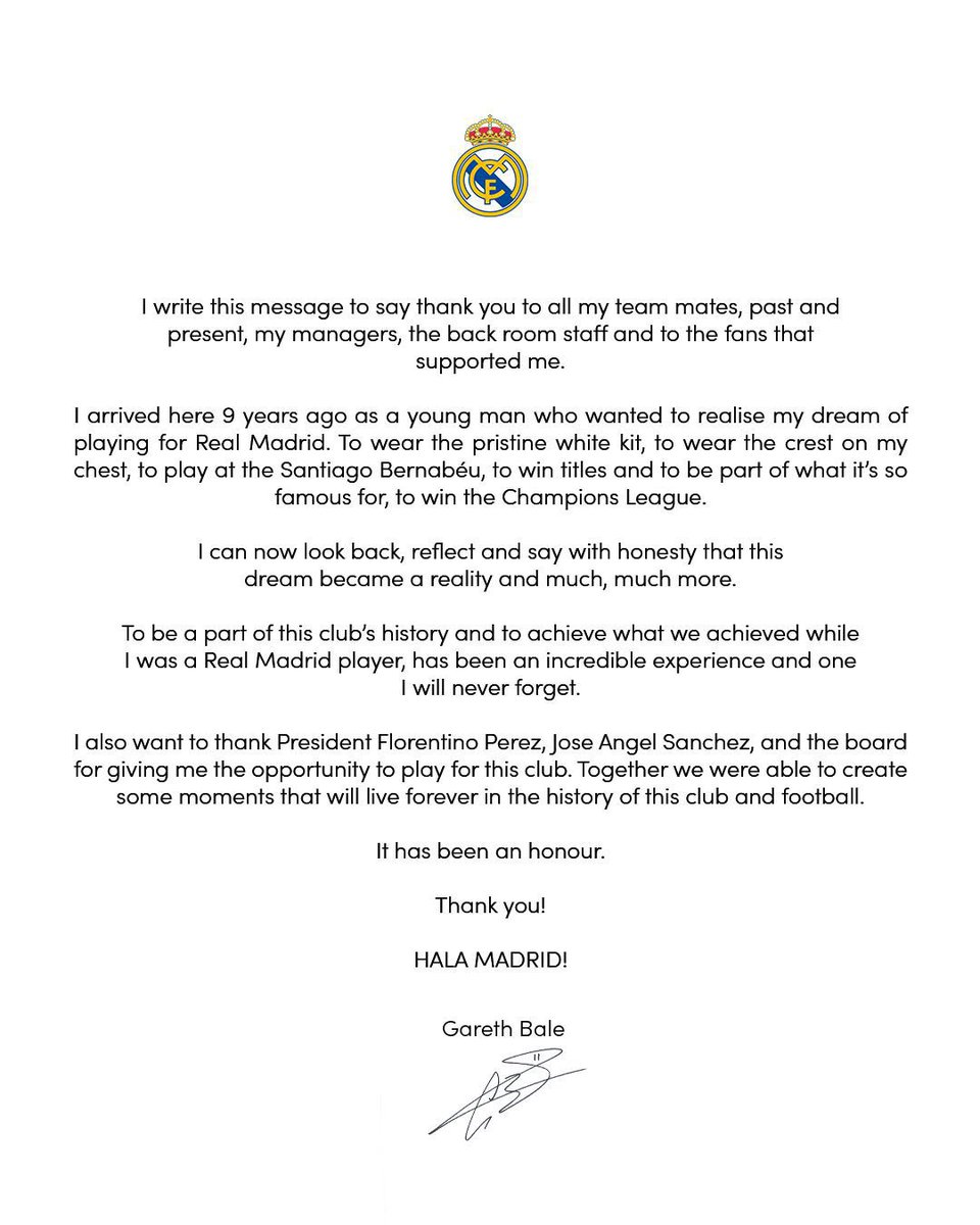 DeadlineDayLive's tweet photo. 🚨 OFFICIAL: Gareth Bale announces his departure from Real Madrid after 9 years at the club! 🤍

(Source: @GarethBale11) https://t.co/cblTxDsFO5