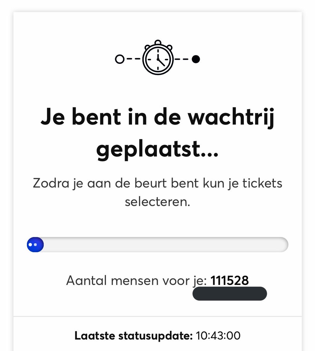 Janvandennyden's tweet photo. Even kaartje proberen kopen voor #theboss. Hoeveel van de 111.528 wachtenden voor me zouden werkelijk mensen van vlees en bloed zijn? 80% computergestuurde bots of overdrijf ik nou? @mojoconcerts #ikwileenkaatjevoorbruce https://t.co/b0gc30HwOb