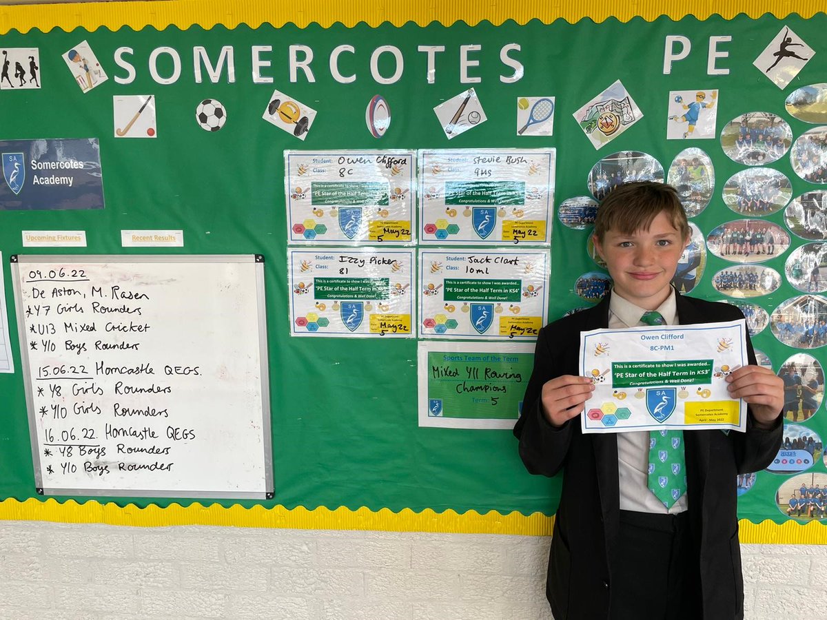 somercotesacad's tweet photo. Through their commitment to after school clubs, performances in competitions or overall effort in PE lessons, the Somercotes Academy PE stars of the half term can be seen below. Well done guys, keep up the great work! #teamwork #resilience #PEisforEVERYONE https://t.co/ITBTwXZayV