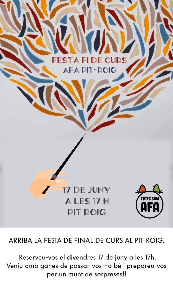 Escolapitroig's tweet photo. Al #PitRoig #festa de final de curs!🥳 
🗓️17 de juny
🕞17 h.
Ens ho passarem d'allò més bé! #TotesSomAFA https://t.co/KPS9vPUt1a