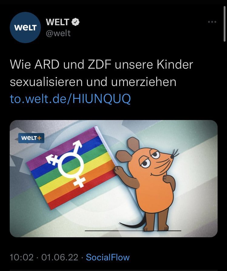 ElyaMConrad's tweet image. Die @WELT verbreitet heute unter der Schlagzeile „Frühsexualisierung und Umerziehung“ im Jahr 2022 das rechte Narrativ, Sexualität könnte irgendwie „umerzogen“ werden. Das ist ein Schlag ins Gesicht für Millionen Menschen in diesem Land und ein Fall für den Presserat. Widerlich.