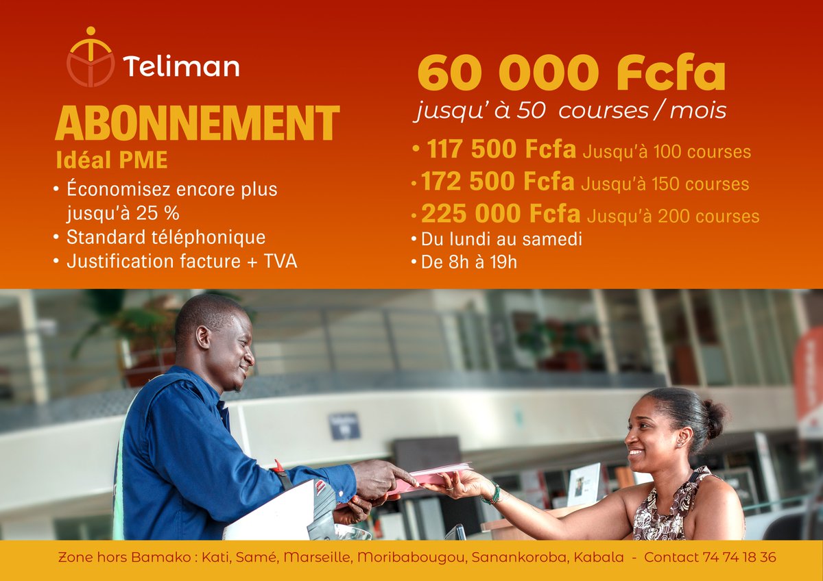 ✨Nouveau✨ Boostez votre commerce avec l’offre logistique pro et fiable de Teliman !
Livraison de vos produits en toute sécurité et confiance grâce à l'offre BtoB de Teliman!
Avec l’offre BtoB de Teliman, vous avez la possibilité d’être livré en un temps record partout à Bamako!