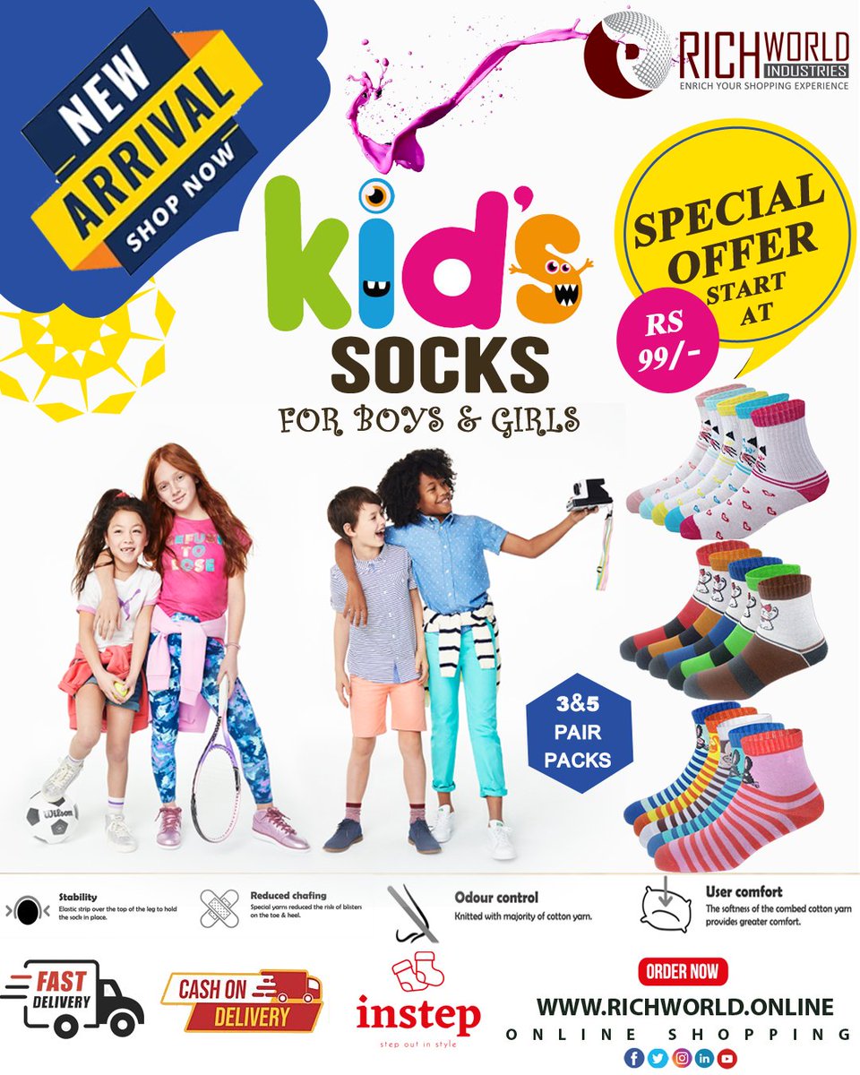 richworldshop's tweet photo. 🎗️Socks New Arrival Offer📢

Kids Socks - Shop Kids Socks at India's Best Online Shopping Store at Richworld. 3 or 6 Pair Pack Buy Online Start @ Rs.99/-. Visit Now https://t.co/rNu5lKzzFN #onlineshopping  #OnlineMarketing  #onlinestore #OnlineShop #ENGvNZ #KKPassesAway https://t.co/BLc00sARD3
