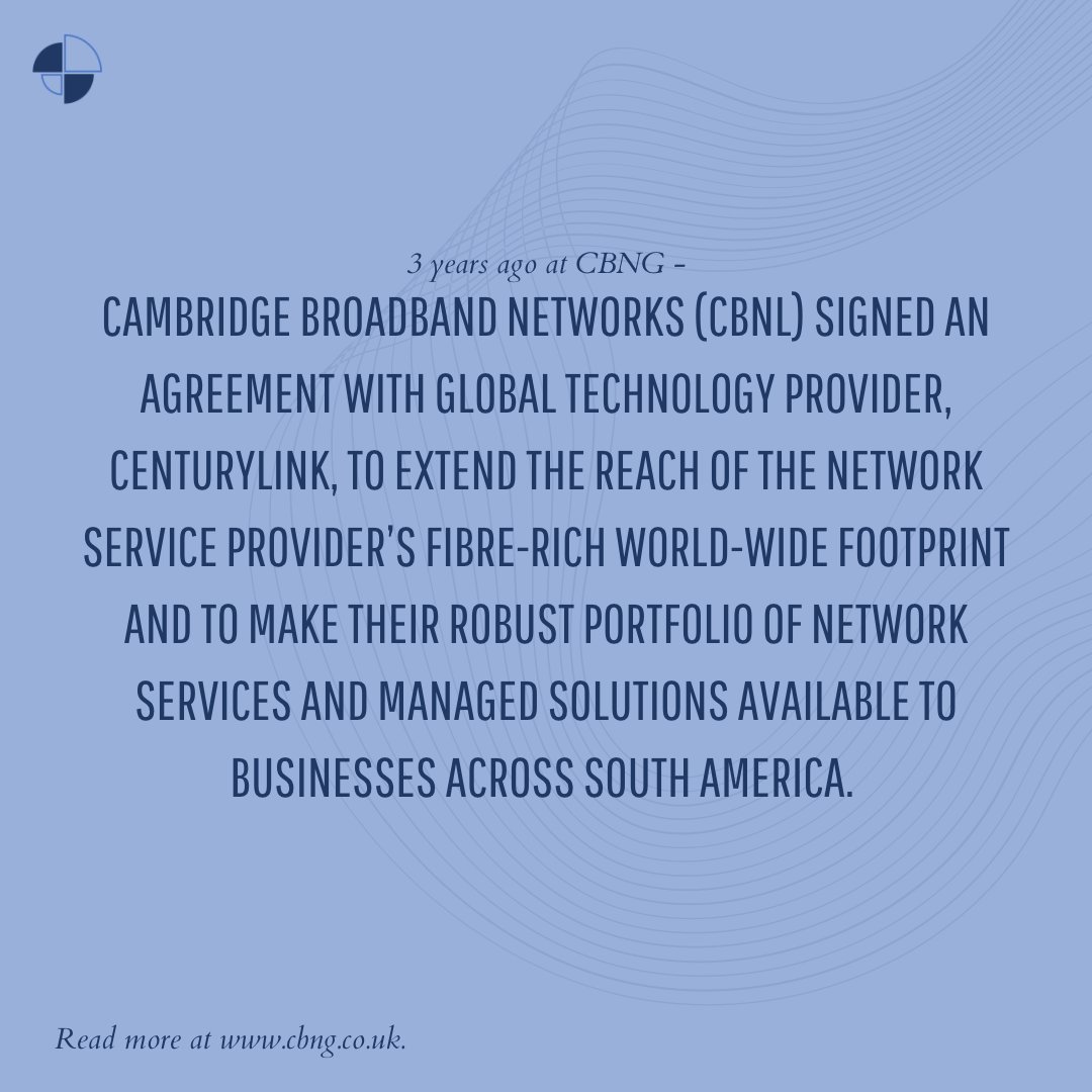 CBNGTeam's tweet photo. 3 years ago: CBNL collaborates with global technology provider to extend its fibre-rich network solutions to businesses in South America. Read back the article below:

https://t.co/cto7hA5cfO

#FWA #mmWave #CBNG #CambridgeBroadbandNetworksGroup #CBNL https://t.co/irdwClJqoA
