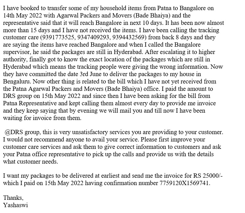YashaswiAnand's tweet photo. GC Number - 4813336
Package Delivery - Patna to Bangalore
Number of items - 34
Name - Yashaswi Anand
@DRSAgarwal #DAYANANDAGARWAL #BadeBhaiya #PackersandMovers
#ShiftingServices #UnsatisfactoryService #WorstService https://t.co/AcDwxT7Nwk