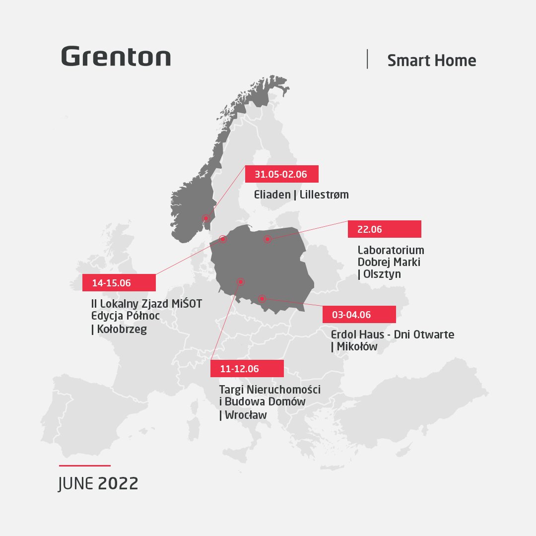 Grenton_com's tweet photo. Do you want to know how a #modern and #intelligent #home based on the #SmartHome system works? We will show you how to #control your #house with #TouchPanels or #myGrenton app.
Visit us at the #fairs in June  👇
📍#Poland 🇵🇱
📍#Norway 🇳🇴
We look forward to #meeting you! https://t.co/j9SuxuUmhO