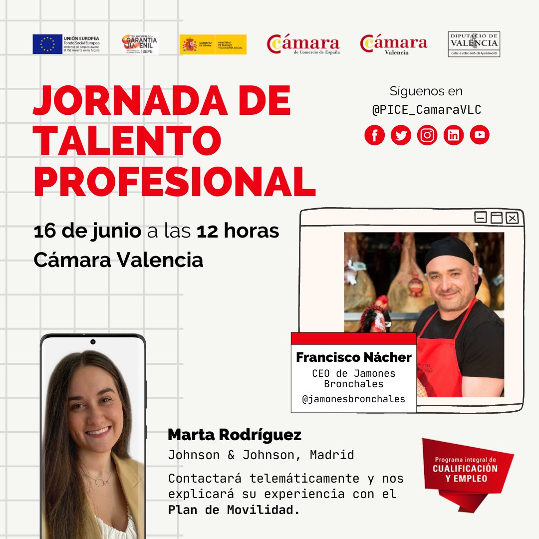 PICE_CamaraVLC's tweet photo. Jornada de Talento Profesional
🗓️ El próximo 16/06 a las 12h⁣ 
⁣
👉Paco Nácher Maestro Artesano y CEO de @JamonesB.

⁣👉Marta Rodríguez contactará telemáticamente y nos explicará su experiencia con el Plan de Movilidad.
 
⁣Viene pisando fuerte esta jornada.❤️‍🔥¡Os esperamos! https://t.co/rodeDHfXhQ