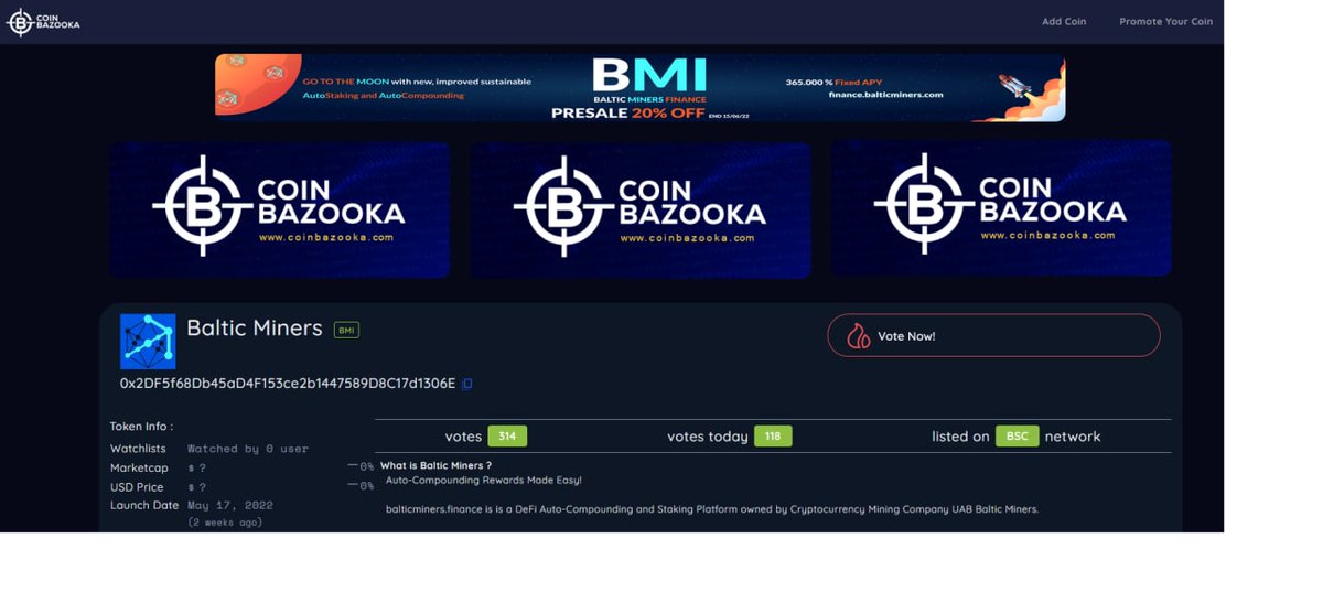 🚀 Finally we are listed also in <a href="/coinbazooka/">CoinBazooka</a>!

Buy Token in pre-sale 20% off 👉 finance.balticminers.com
Visit our mining platform 👉 balticminers.com
Telegram Group 👉 t.me/Baltic_Miners_…
Telegram Channel 👉 t.me/Baltic_Miners_…