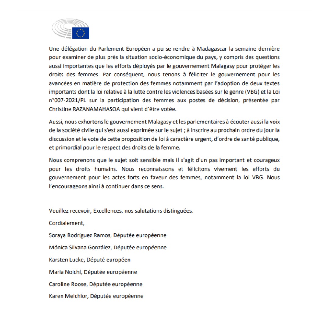 En una carta al presidente de la República Democrática de Madagascar, <a href="/SE_Rajoelina/">Andry Rajoelina</a>, y a la presidenta de la Asamblea Nacional, Christine Razanamahasoa, instamos al gobierno y a parlamentarios malgaches a que escuchen la voz de la sociedad civil sobre el debate del aborto.

(1/2)