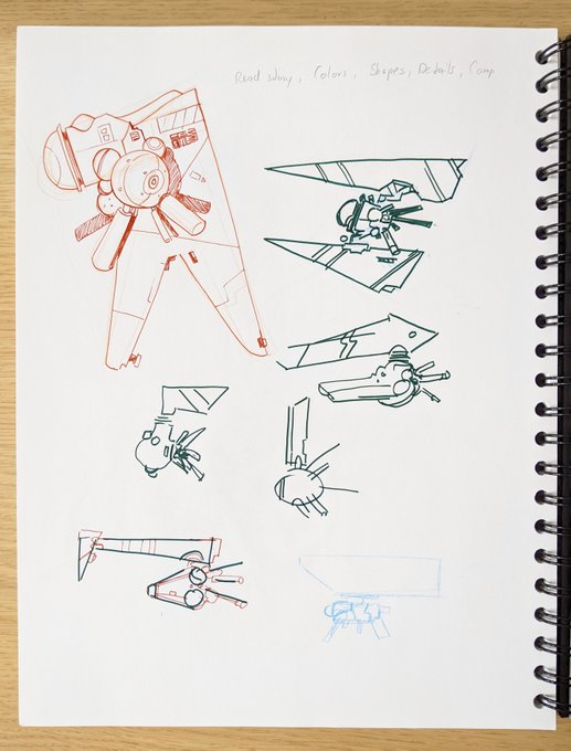The first coulpe of days I only doodled, getting used to space ship designs. I had this whole plan set out: Read the whole story first, then study colors, shapes, proportions, details and composition. Reading came pretty easy. The world + story is so creative an fun 😀 