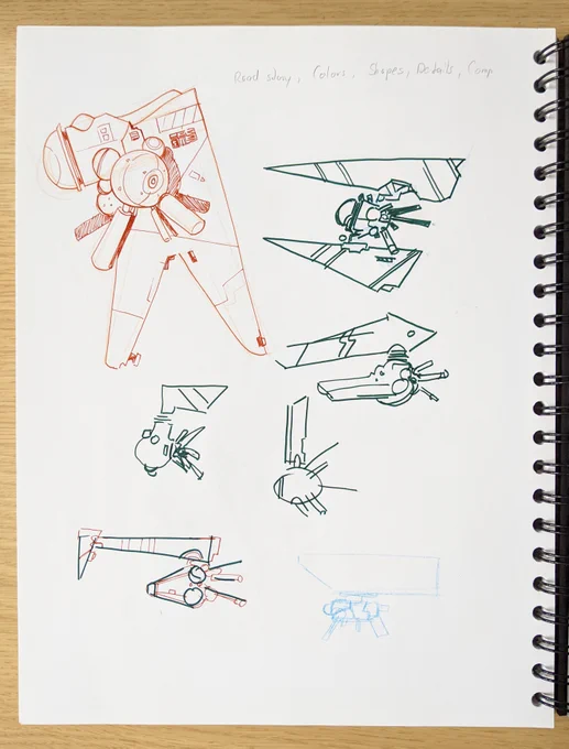 The first coulpe of days I only doodled, getting used to space ship designs. I had this whole plan set out: Read the whole story first, then study colors, shapes, proportions, details and composition. Reading came pretty easy. The world + story is so creative an fun 😀 