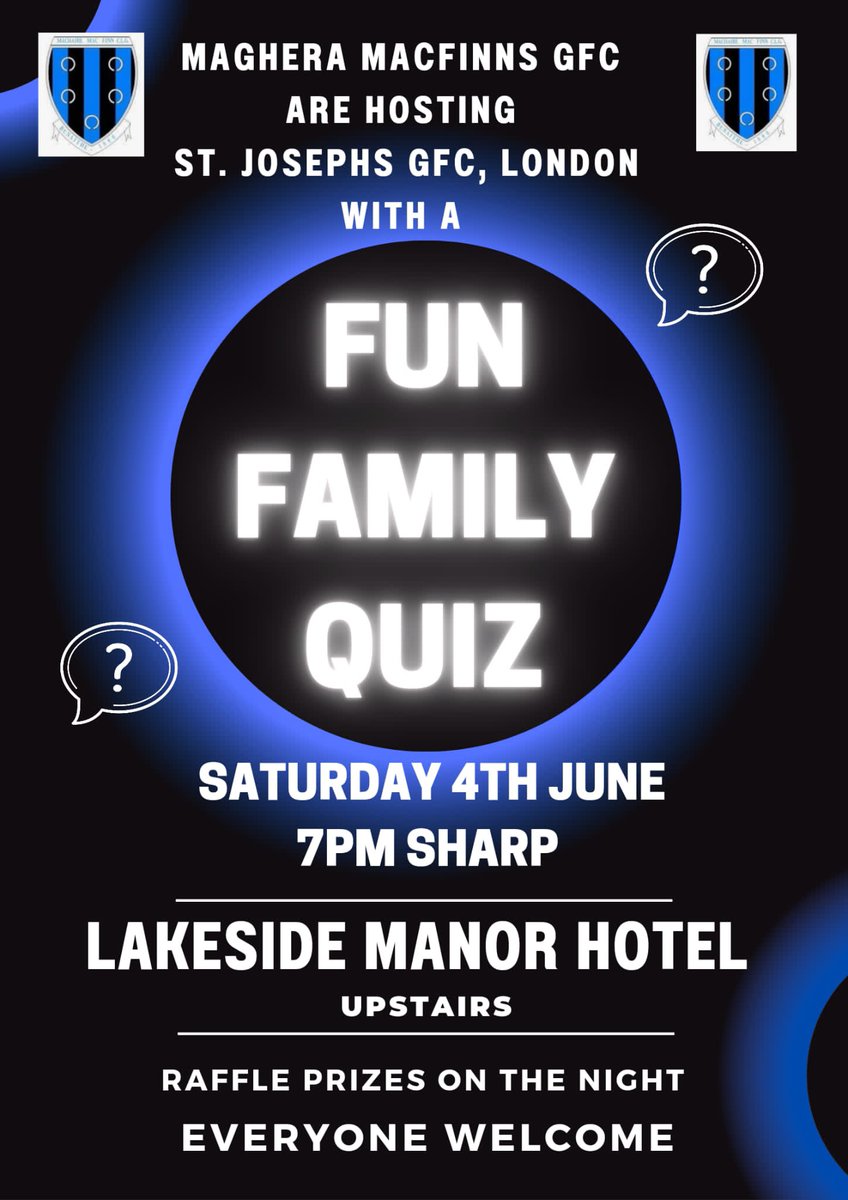 Magheramacfinns's tweet photo. We are delighted to be welcoming StJosephs Gaa from London to Maghera this weekend. 

We have a jam packed weekend planned with challenge games and a family fun quiz organised🖤💙   💙🤍 https://t.co/Fhyjeoscoc