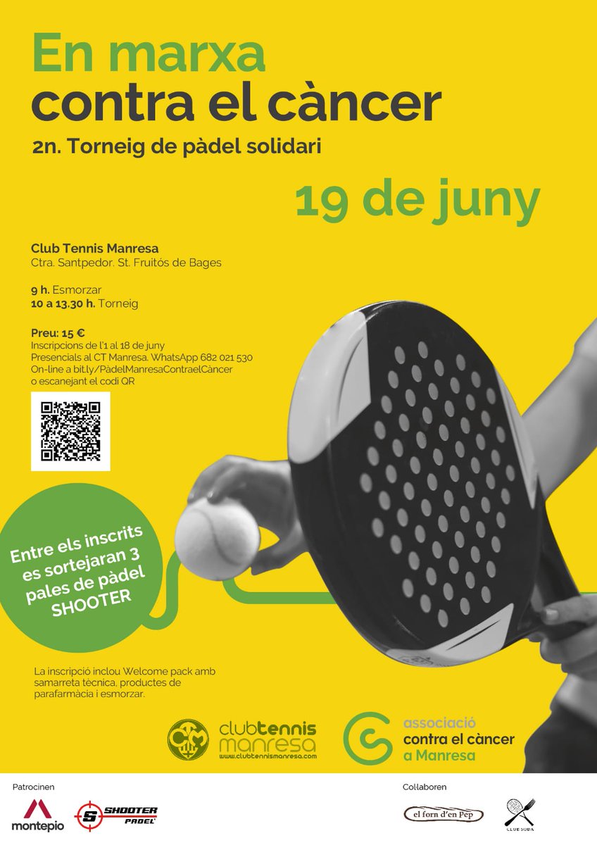 CTennisManresa's tweet photo. Solidaritza'! fent #pàdel vs el #càncer!

Apunta't al II Torneig Solidari de @ContraCancerBCN diumenge 19 juny 9h matí al CT #Manresa

Es sortejaran 3 palas @ShooterPadel🎾🎾🎾

Tots junts per un futur sense càncer!

Inscriu-t'hi al Club o via👇https://t.co/xHpQGPnEwd

#FentClub! https://t.co/1gnFDJBEwg