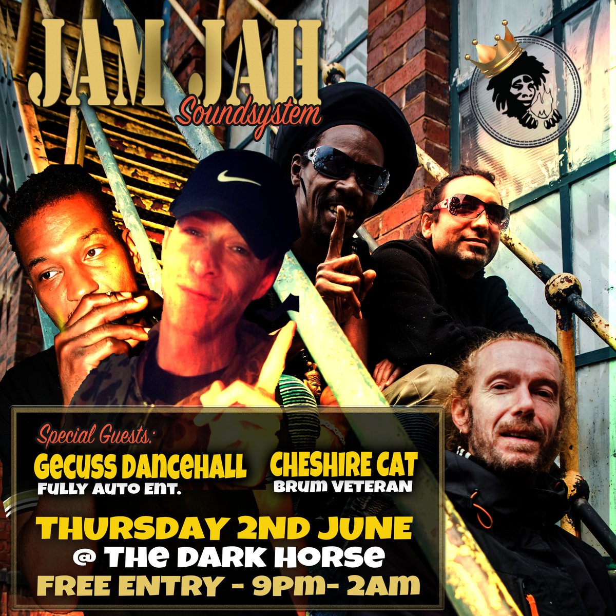 JamJahSound1's tweet photo. TOMORROW - we're buning the queen in a jubilee fashion with @GecussE @MykiTuff @bongo_damo @Robin_FF &amp; Cheshire Cat in fulll effect! Free Entry @DarkHorseMosele 
#reggaenight #jamjah #birmingham #moseley #reggaemoseley #whatson #0121reggae #itsabrumting https://t.co/ax2dwG85YI