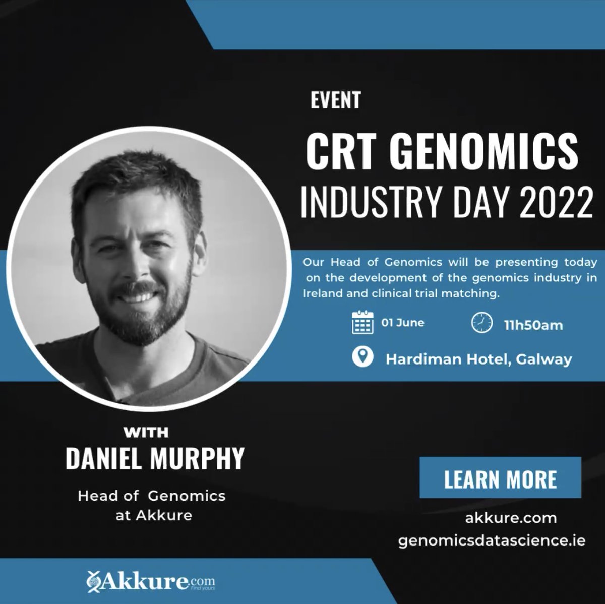 Akkure Genomics (@akkure_com) on Twitter photo We are delighted to have our Head of Genomics, Daniel Murphy, presenting today at The CRT Genomics Industry Day 2022 on the genomics industry and clinical trial matching. The event is being hosted by <a href="/GenomicsCRT/">Genomics Data Science - SFI CRT</a> in Galway with Industry Peers such as <a href="/illumina/">Illumina</a>,<a href="/MSDAnimalHealth/">MSD Animal Health</a>. We are delighted to have our Head of Genomics, Daniel Murphy, presenting today at The CRT Genomics Industry Day 2022 on the genomics industry and clinical trial matching. The event is being hosted by <a href="/GenomicsCRT/">Genomics Data Science - SFI CRT</a> in Galway with Industry Peers such as <a href="/illumina/">Illumina</a>,<a href="/MSDAnimalHealth/">MSD Animal Health</a>.
