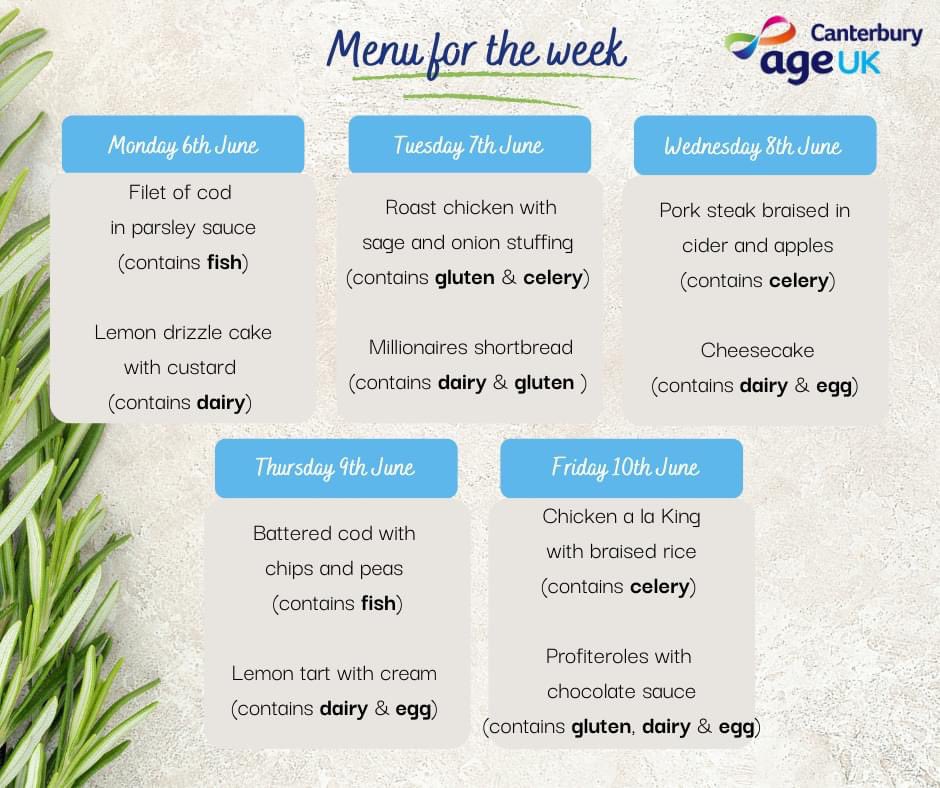 This is our ✨Meals at Home Service menu✨ for next week. All our meals are served with two vegetables and potatoes. If you would like to order a meal please give us a call on 01227 462368. Each meal costs £8.50 which includes two courses and delivery to your door with a smile😊!