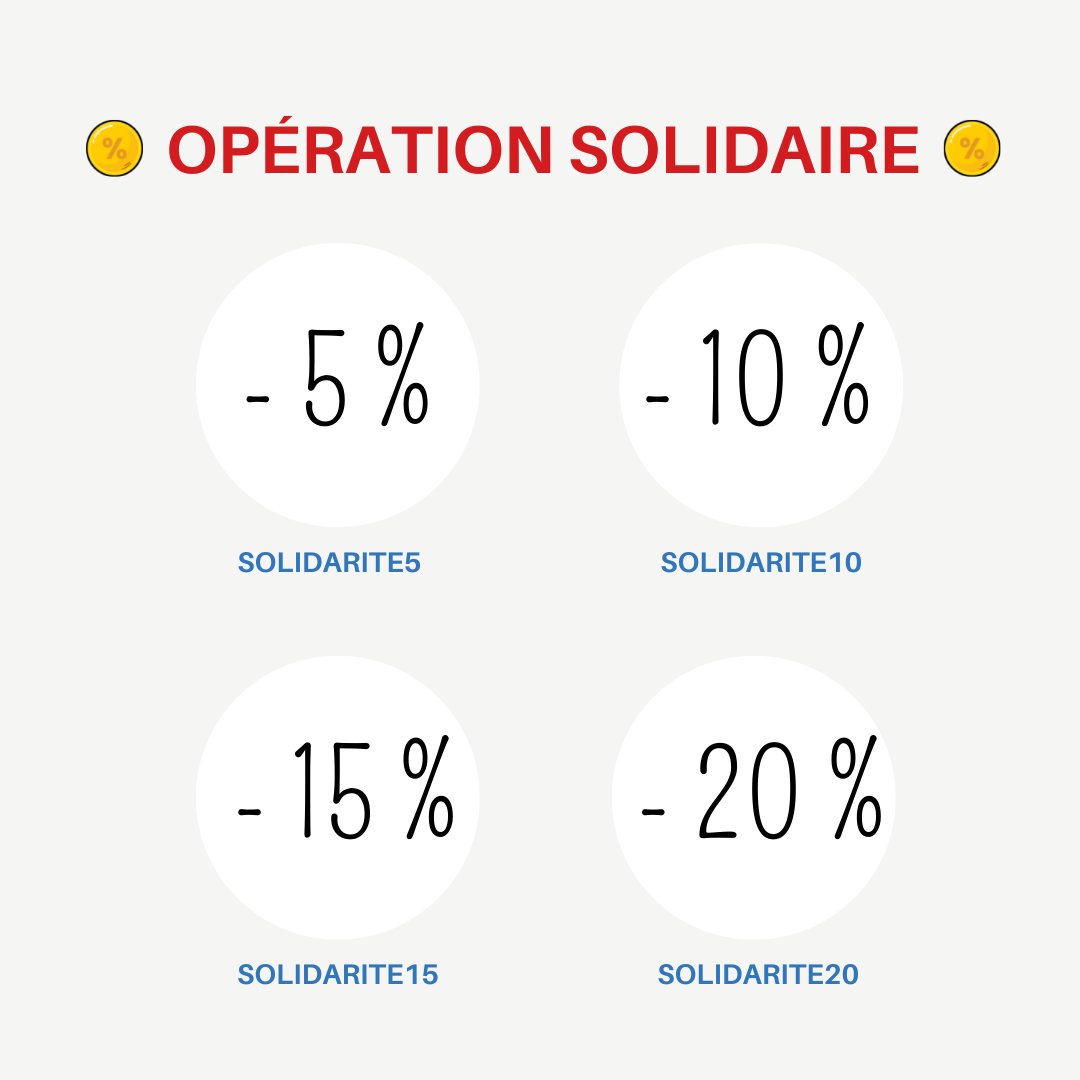 🤝🏼 OPÉRATION DE SOLIDARITÉ 🤝🏼
 
Afin d'écouler notre stock, nous vous proposons 4 #codespromo. Vous avez le choix d'utiliser le montant de remise que vous préférez lors du passage de votre #commande pour nous soutenir et vous faire plaisir.☀ 

💙🤍❤️

simplement-francais.com