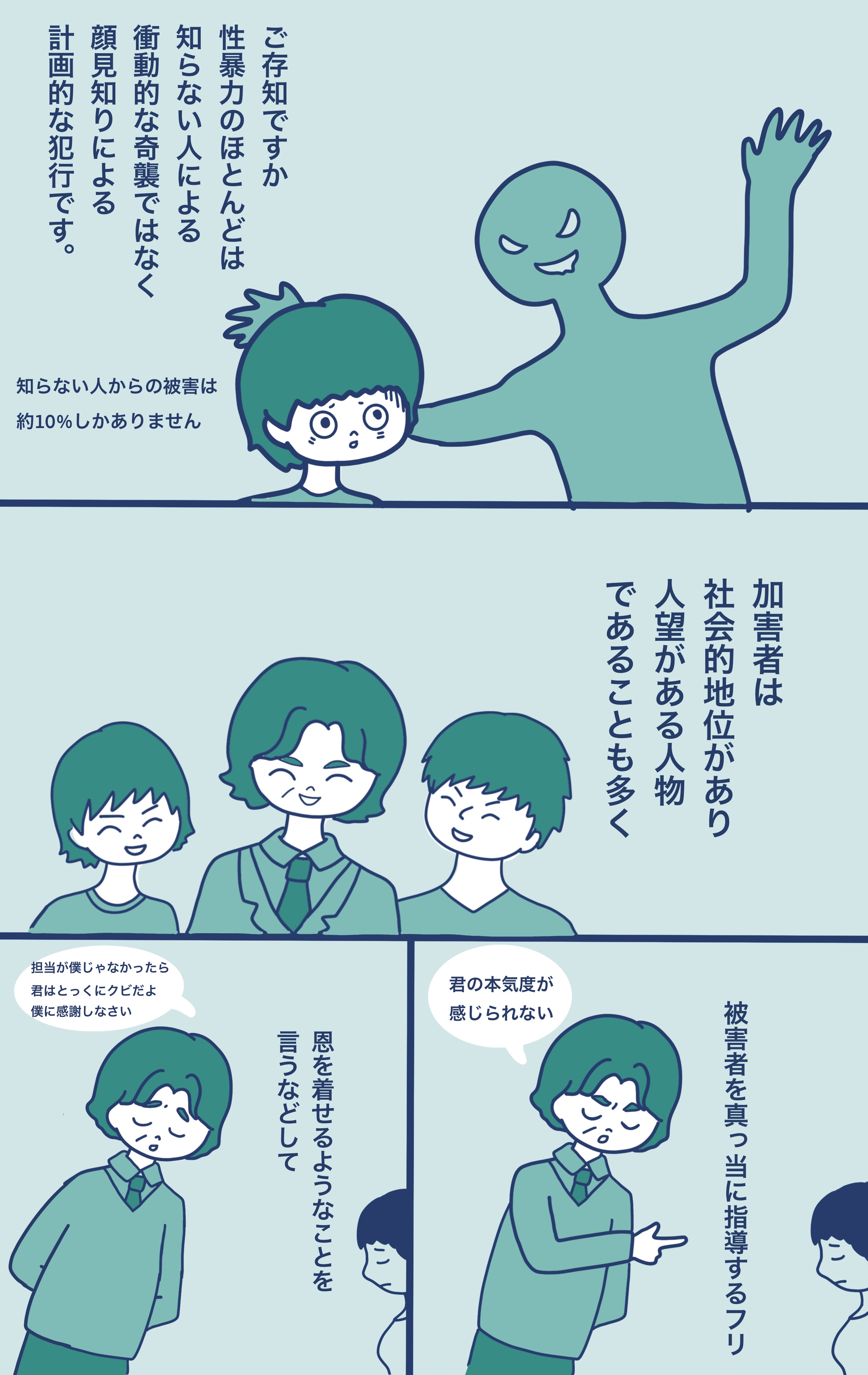 顔見知りの性交 性暴力は、顔見知りによるものがほとんどです。相手を安心させ、信頼させ、知り合いだからと関係性を利用して性暴力を行います。  性的な行為を断れないようにするために、あなたを”自分が悪かった”と思うような状況に持ち込んだりします。 おかしいと感じ ...