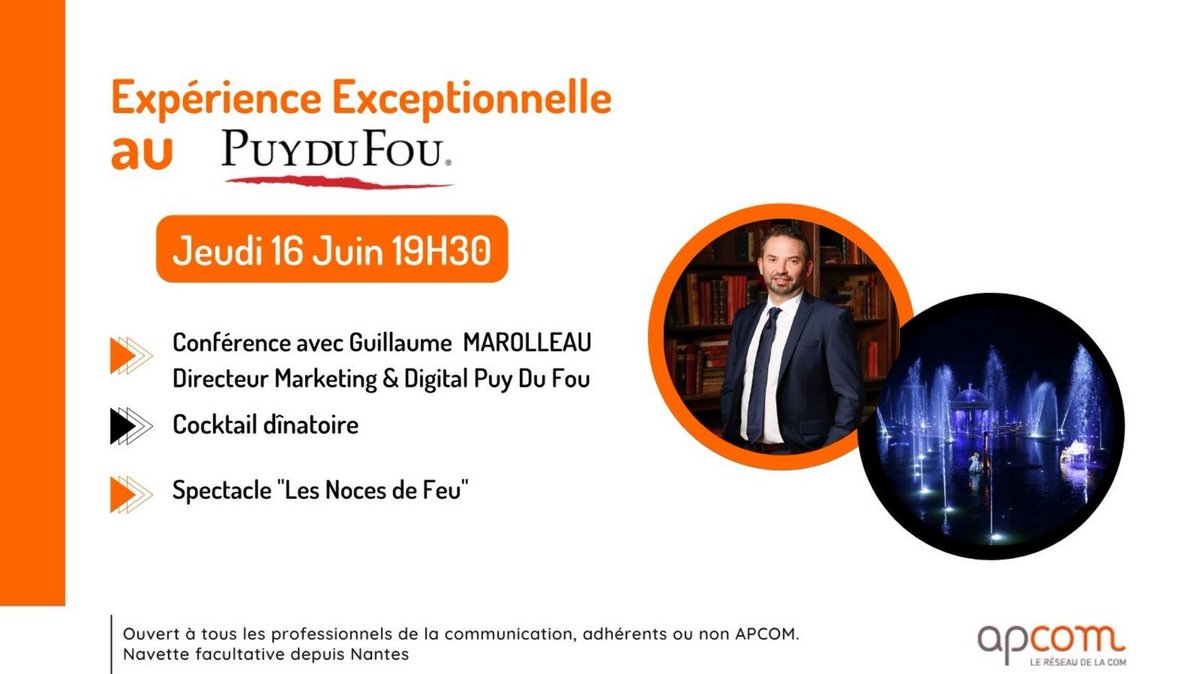 🏃J-1 pour réserver votre place à la conférence de : <a href="/MarolleauG/">Marolleau Guillaume</a> pour découvrir la #stratégiedigitale, #com et #marketing du  <a href="/PuyduFou/">Puy du Fou</a>

🔥2 JUIN fermeture de la BILLETTERIE

🚀 lnkd.in/eTFNe3wg

#réseau #bonnespratiques #communication