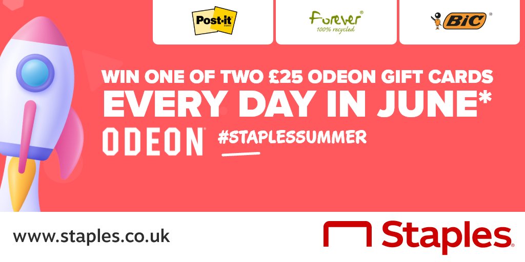 StaplesUK's tweet photo. #WIN one of two Β£25 ODEON gift cards every day in June*! πΏ
To enter, place an order on ANY Post-it Notes, BIC Pens, Exacompta product during June. #StaplesSummer
Made possible by @Postit @BICGroup & @ExacomptaUK
*Full info & T&Cβs: https://t.co/kgU1ScTfjM https://t.co/fZa3zgAjyZ