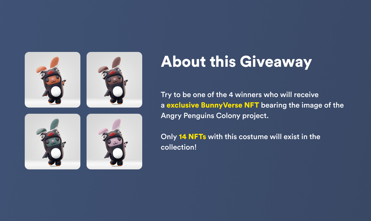 bunnyverse_egld's tweet photo. @AngryPenguins_ 2/ We're giving away 4 of the 14 BunnyVerse in Angry Penguins Colony suits NFTs that will be part of our 5000 Bunnies collection !

You have 1 week to participate.

Note: NFTs will be distribute later
⬇️ https://t.co/2ZJr6p4unR