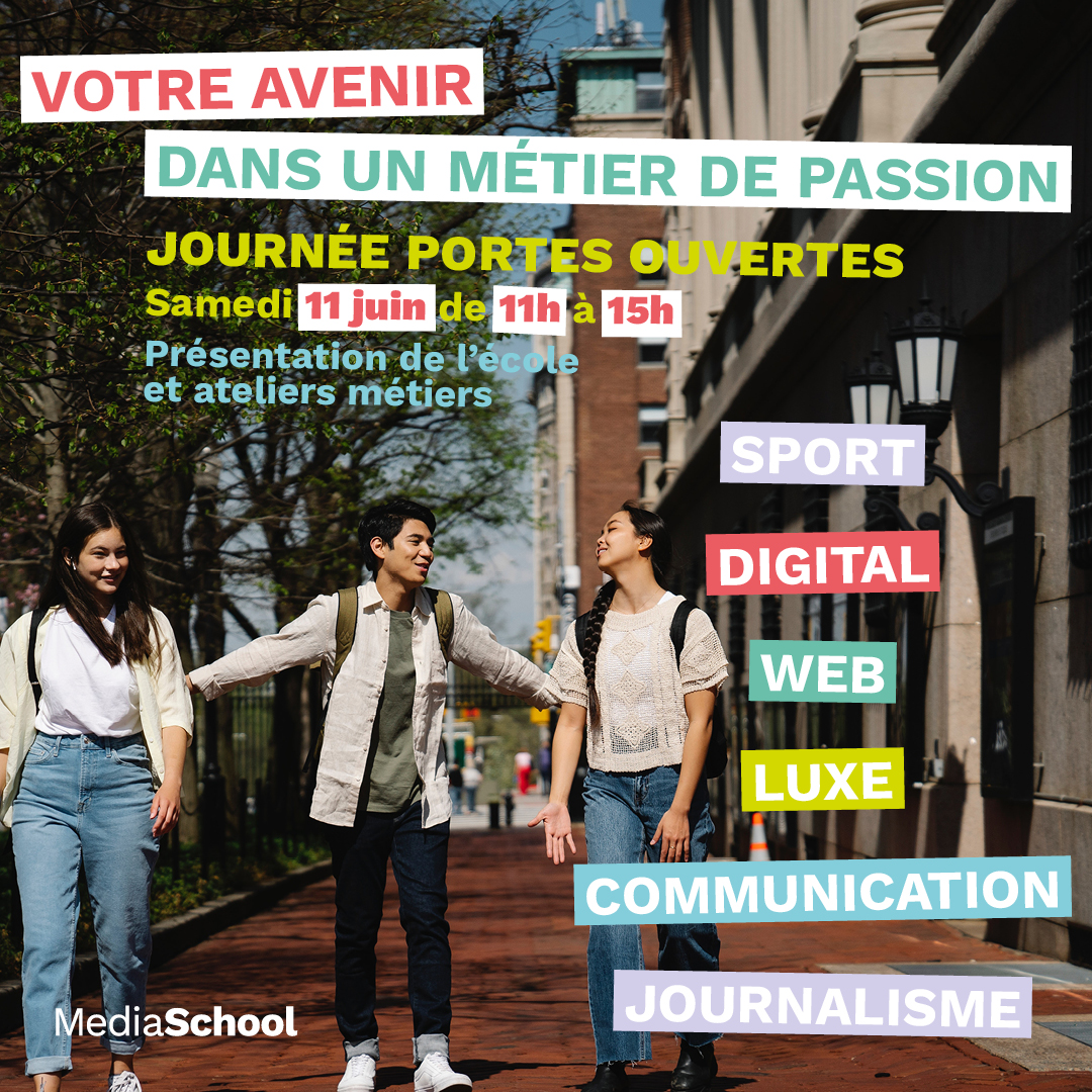 SAVE THE DATE 🗓️ 
Samedi 11 Juin 2022 de 11h à 15h une nouvelle #JournéePortesOuvertes sur notre campus pour découvrir nos formations en #communication #digital #journalisme #informatique #métiersdusport et #transitionécologique !

Pour vous inscrire : mediaschool.eu/jpo-commun