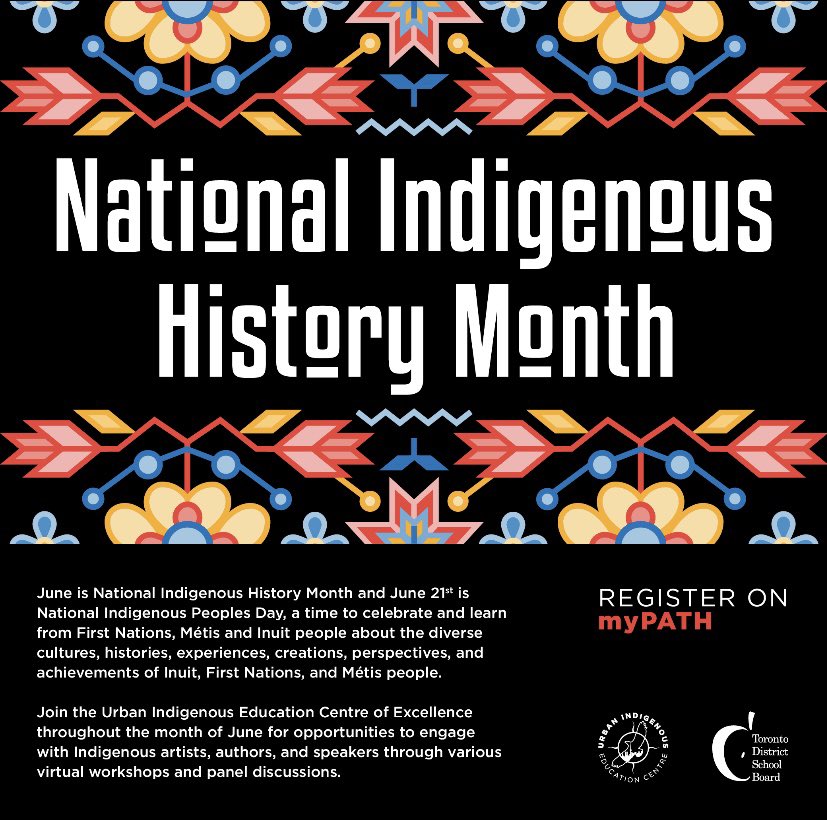 UIEC_Tdsb's tweet photo. Today starts National Indigenous History Month. Please join us to learn from &amp; listen to First Nations, Métis &amp; Inuit people. There’s also a wonderful line up for Two-Spirit &amp; Indigiqueer Pride @tdsb #NationalIndigenousHistoryMonth https://t.co/1DT3m11paJ
