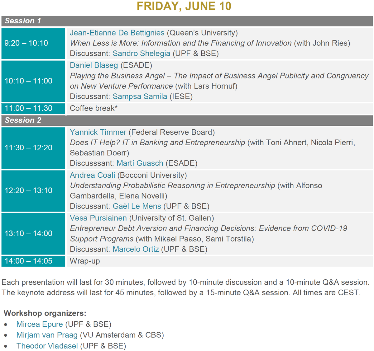 Theo Vladasel (@theovladasel) on Twitter photo 📢Excited for our first in-person <a href="/bse_barcelona/">Barcelona School of Economics</a> Summer Forum on #Entrepreneurship next week -- 10 cool papers and a keynote by the great Simon C. Parker <a href="/iveybusiness/">Ivey Business School</a>!
Details at bse.eu/summer-forum/w…
CC: <a href="/MvP_VanPraag/">Mirjam van Praag</a> <a href="/mircea_epure/">Mircea Epure</a> <a href="/econ_empresaUPF/">Economia i Empresa UPF</a> #bseforum 📢Excited for our first in-person <a href="/bse_barcelona/">Barcelona School of Economics</a> Summer Forum on #Entrepreneurship next week -- 10 cool papers and a keynote by the great Simon C. Parker <a href="/iveybusiness/">Ivey Business School</a>!
Details at bse.eu/summer-forum/w…
CC: <a href="/MvP_VanPraag/">Mirjam van Praag</a> <a href="/mircea_epure/">Mircea Epure</a> <a href="/econ_empresaUPF/">Economia i Empresa UPF</a> #bseforum
