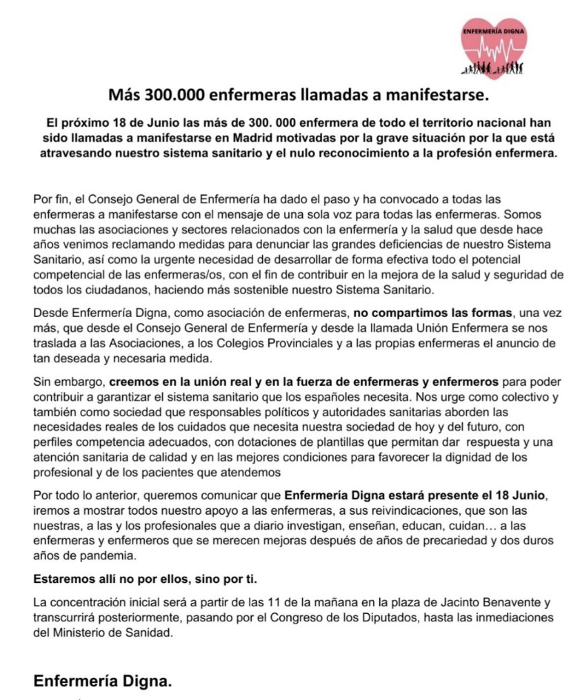 🗣️Atención #enfermeras:
El próximo #18deJunio nos manifestamos en Madrid.
Nosotras vamos, por responsabilidad. 
Desde @EnfemeriaDigna hacemos este comunicado👇
#VenPorTiNoPorEllos
#AhoraEsElMomento con ellos o sin ellos #EnfermeríaUnida <a href="/redaccionmedica/">Redacción Médica</a> <a href="/isanidad/">iSanidad</a>