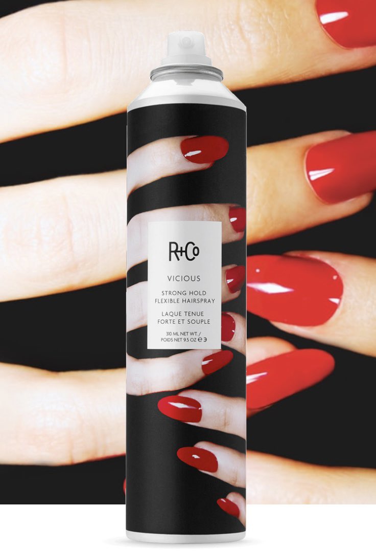 I shouldn’t give away this secret because often sold out but this hairspray is magic! Makes me look like I have twice as much hair &amp; holds it all day. Love the packaging too. <a href="/RandCoHair/">R+Co</a>