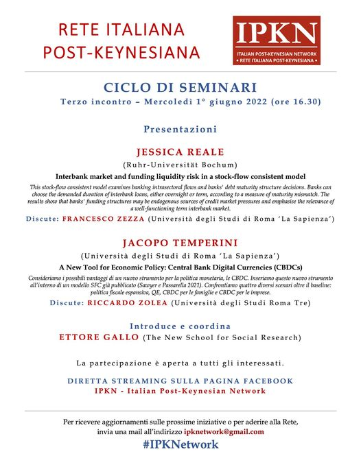 Mercato interbancario e valute digitali delle banche centrali sono i temi al centro del terzo seminario IPKN. 

Presentazioni di <a href="/JessicaReale/">Jessica Reale</a> (discute <a href="/kekkoze/">Francesco Zezza</a>)  <a href="/JacopoTemperini/">Jacopo Temperini</a> (discute R. Zolea)

Vi aspettiamo sulla pagina facebook oggi alle 16.30👇
facebook.com/IPKNetwork