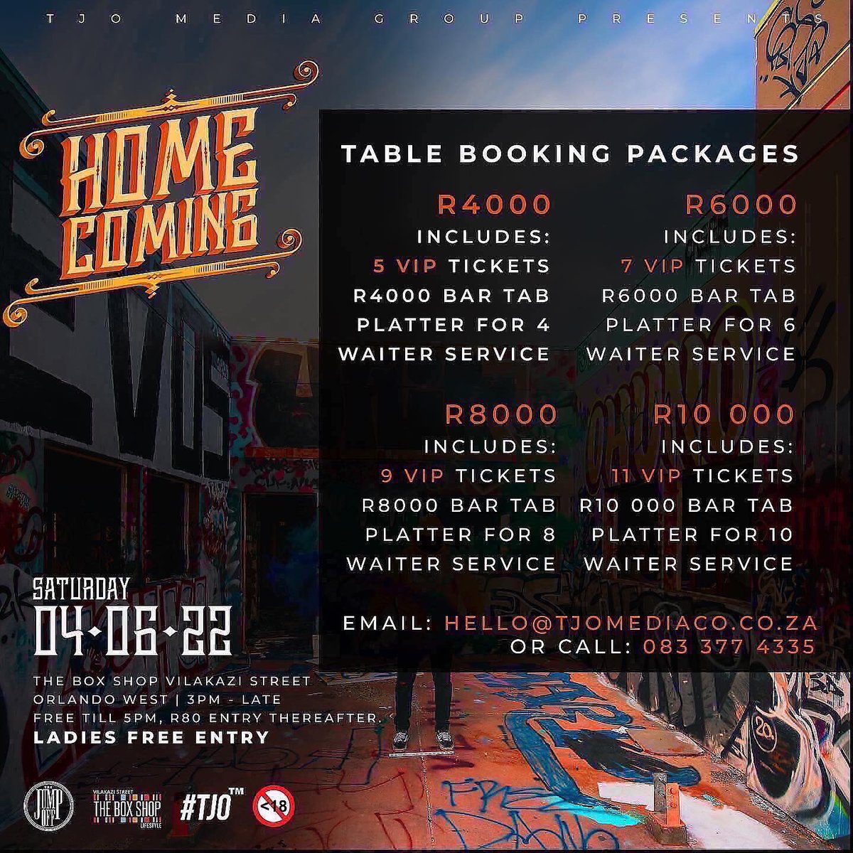 THIS SATURDAY at <a href="/theboxshopl/">The Box Shop Digital Hub</a> 
The Jump Off presents #HomeComing22
Gates open at 3pm - Late | R80 entry after 5pm
LADIES FREE ENTRY ALL DAY ALL NIGHT
#TjoTheJourneyContinues 

<a href="/Fif_laaa/">3 A’s</a> <a href="/Deejay_MrX/">DJ MR X</a>