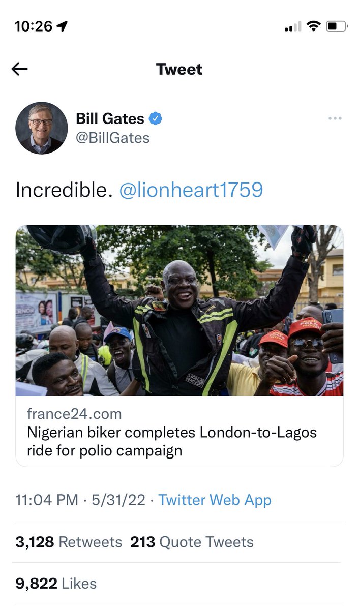 lionheart1759's tweet photo. Thank you @BillGates for the kind words, &amp; a big thank you also for your tremendous support to Rotary Foundation towards eradication of Polio &amp; solving other world problems. 

Your good works birthed the inspiration for #LondonToLagos https://t.co/XvTTObZPit
