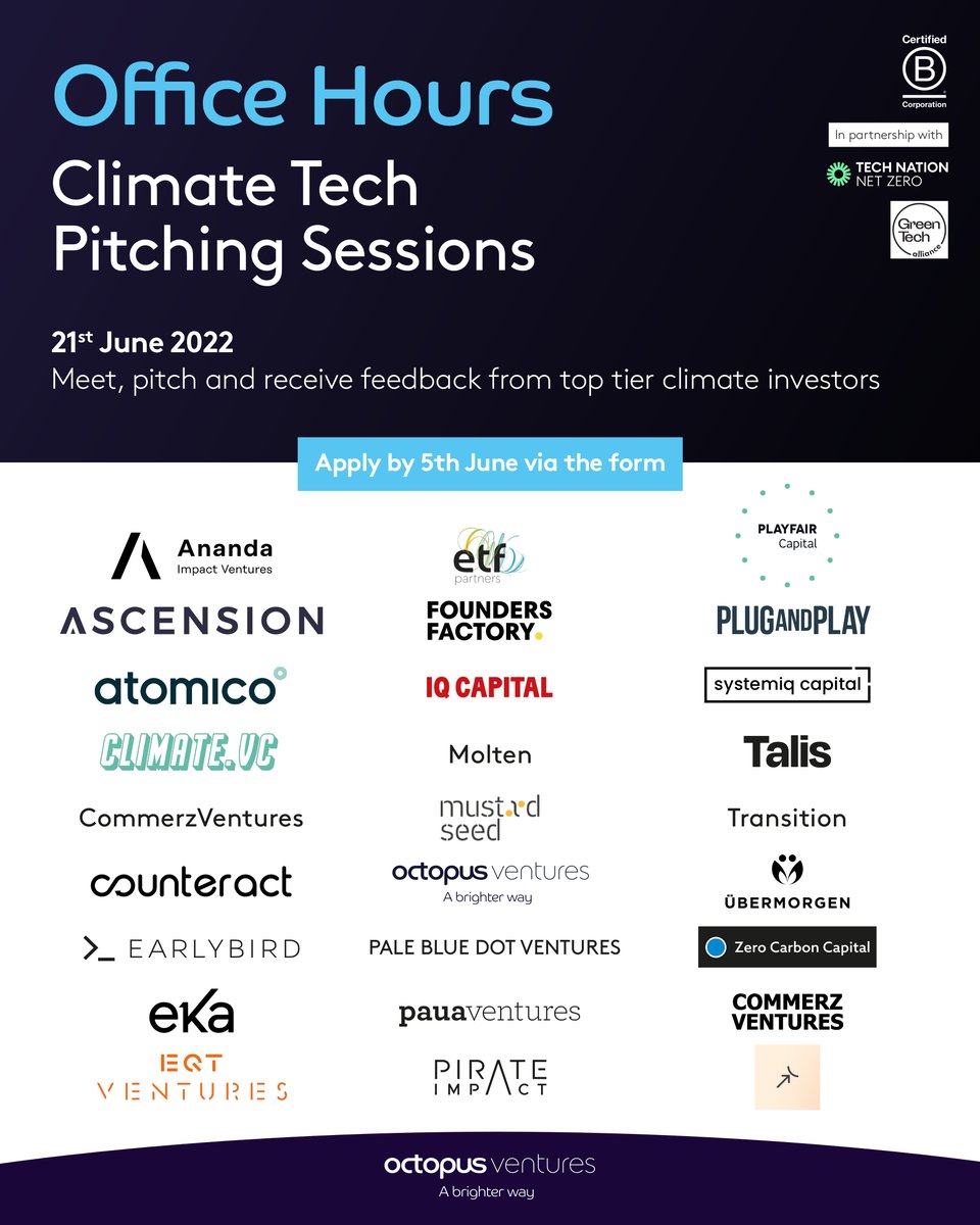 [Thread] We are excited to be partnering with <a href="/OctopusVentures/">Octopus Ventures</a>, who will be hosting a #ClimateTech Pitching session on Tuesday 21 June ...