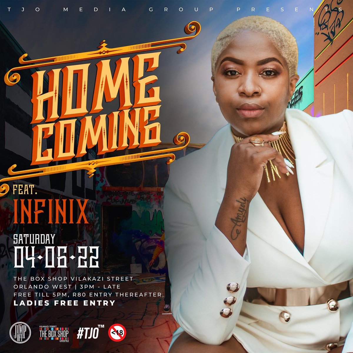 THIS SATURDAY at <a href="/theboxshopl/">The Box Shop Digital Hub</a> 
The Jump Off presents #HomeComing22
Gates open at 3pm - Late | R80 entry after 5pm
LADIES FREE ENTRY ALL DAY ALL NIGHT
#TjoTheJourneyContinues 

<a href="/realm/">Realm</a> <a href="/TheRealDjJovis/">MASINGITA💫</a> @osmicmenoe @InfinixSA