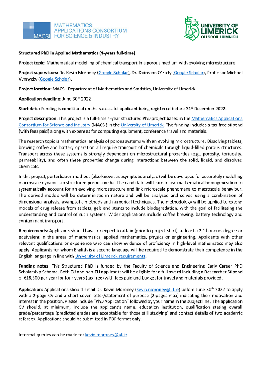 MACSI (@macsimaths) on Twitter photo 📌#PhDFairy Fully funded 4-year #PhD in Applied Mathematics available with <a href="/kevin_moroney88/">Kevin Moroney</a> at <a href="/MACSIMaths/">MACSI</a> <a href="/UL/">University Of Limerick</a> <a href="/sci_engUL/">Faculty of Science & Engineering | UL</a> #scholarship
Info👉bit.ly/PhD-Vacancies-…
Deadline👉30/06/22
Contact Kevin.Moroney@ul.ie
Please RT #AcademicTwitter #PhDPosition 📌#PhDFairy Fully funded 4-year #PhD in Applied Mathematics available with <a href="/kevin_moroney88/">Kevin Moroney</a> at <a href="/MACSIMaths/">MACSI</a> <a href="/UL/">University Of Limerick</a> <a href="/sci_engUL/">Faculty of Science & Engineering | UL</a> #scholarship
Info👉bit.ly/PhD-Vacancies-…
Deadline👉30/06/22
Contact Kevin.Moroney@ul.ie
Please RT #AcademicTwitter #PhDPosition