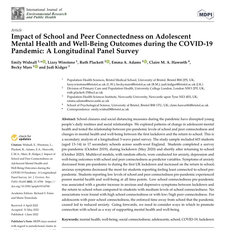 Really pleased to share the first paper from my <a href="/NIHRSPHR/">NIHR SPHR</a> ResNet study looking at associations between school and peer connectedness on adolescent mental health and well-being during Covid-19.

Full paper available here: mdpi.com/1660-4601/19/1… (1/3)