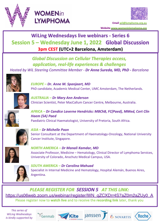 💜 Happening today (Wed June 1) at 3pm CEST (UTC +2) free educational webinar #cellulartherapies global discussion with #womeninlymphoma on six continents 💜 @AnneSpanjaart @AnnaSureda5 @CarolinaMahuad @DrLaCasce @JudithTrotman1 Pls register here us06web.zoom.us/webinar/regist…