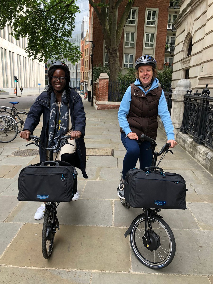 BartsCcnt's tweet photo. Some of the team are getting on their bikes for car-free June. It's not always easy being green when you travel all over Tower Hamlets, hoping these e-bikes will help! Once we've mastered folding/unfolding them π #carfreejune #onyerbike #nhs1000miles @greenatbarts @IbiPW https://t.co/4l9n9Gdm0v