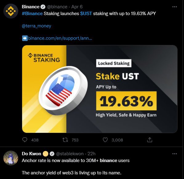 Amir_naka's tweet photo. @WatcherGuru Let's not forget that @binance was endorsing #UST staking as 'safe investment' for almost 20% on April 6th 2022. https://t.co/4THG2TruI7