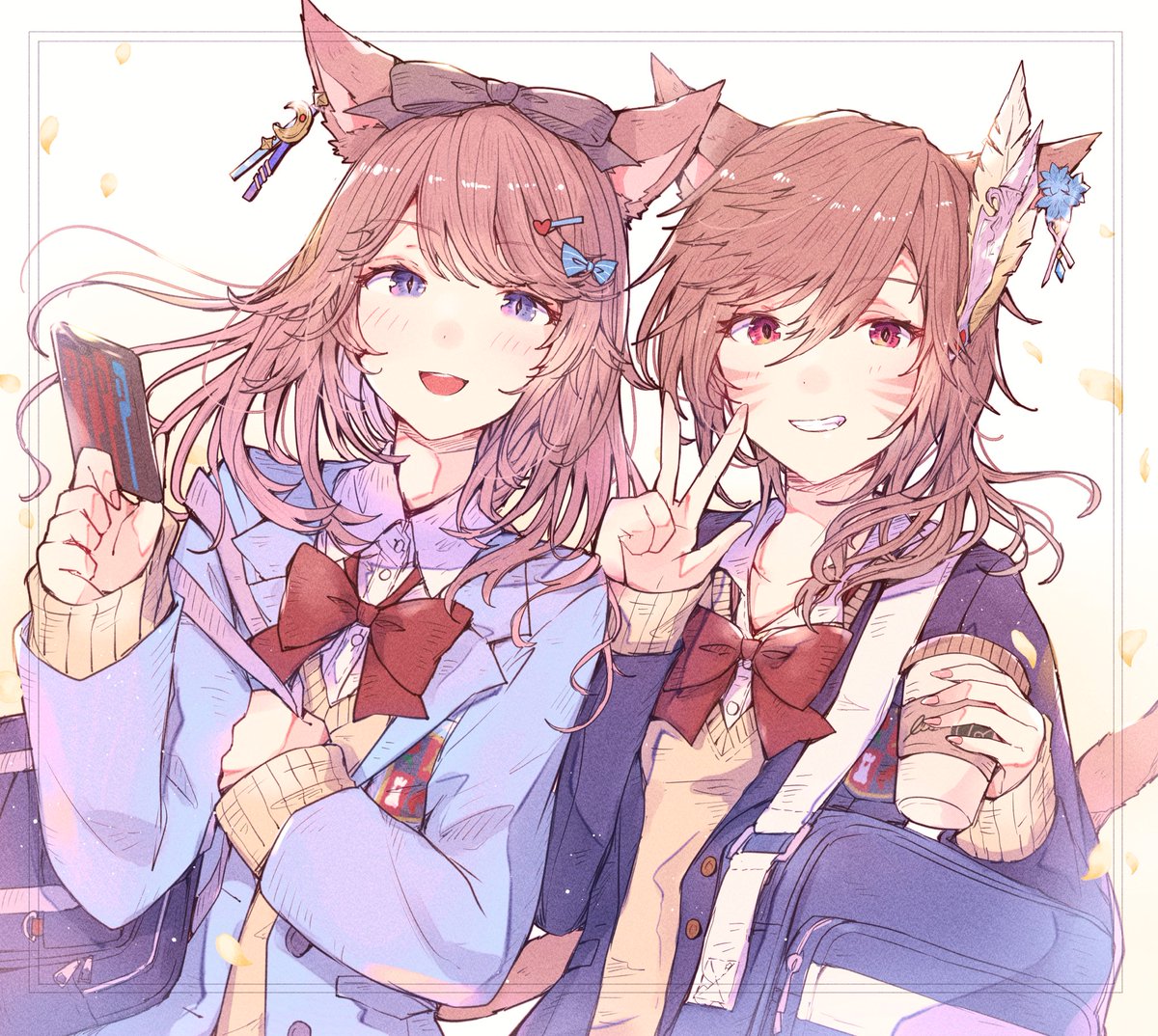 avatar (ff14) multiple girls miqo'te 2girls animal ears cat ears brown hair bag  illustration images