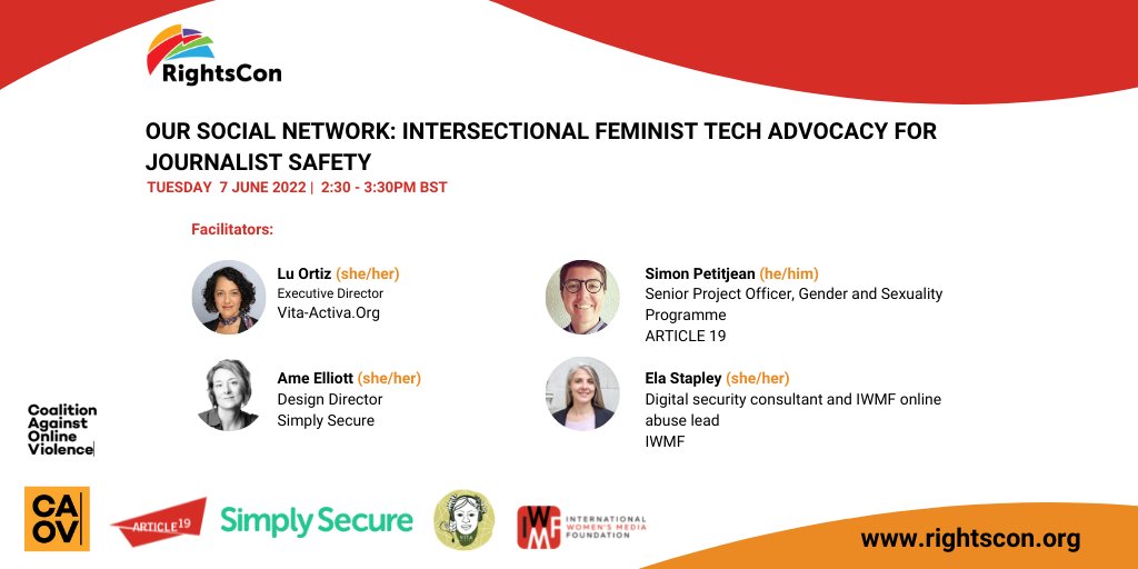 Register for <a href="/RightsCon/">RightsCon</a> by June 3!

Join us on June 7 alongside <a href="/TheCAOV/">Coalition Against Online Violence</a> members for our #RightsCon session on how we can create an intersectional approach to combat online #ViolenceAgainstJournalists.

With <a href="/Luortiz/">Lucy</a>, <a href="/Ameellio/">Ame Elliott</a>, @ElaStapley + <a href="/SBPetitjean/">Simon Petitjean</a>

rightscon.summit.tc/t/2022/events/…