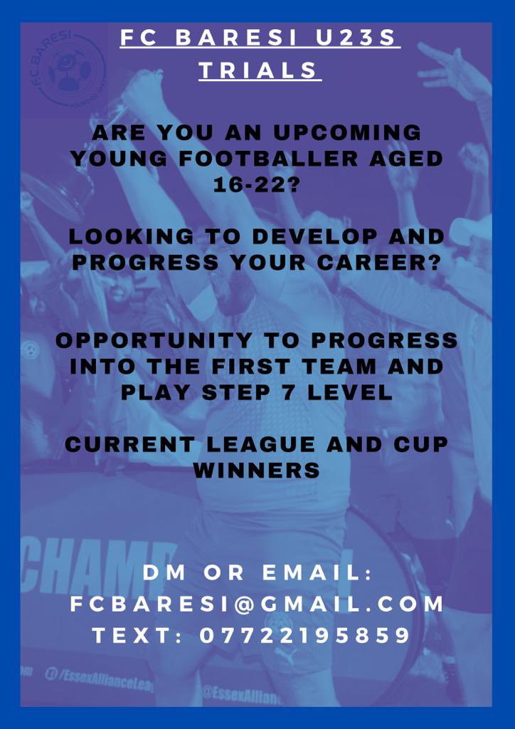 Our u23’s will be holding trials at the end of the month. 

A squad already full of talent are looking to add additions to the team after just winning a double. 

Pathway to first team football, with 6 players making the step up from last season.

UEFA licensed coaches!!!