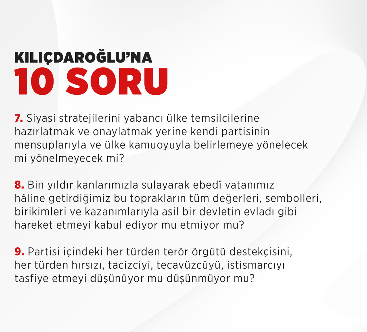RTErdogan's tweet photo. Kılıçdaroğlu’na birkaç soru sormak istiyorum.

Bu sorulara öyle kıvırtarak, laf çevirerek, yuvarlak sözler sarf ederek değil; kesin, kati, net cevap vermesini bekliyorum. https://t.co/1LN8AoQ70M