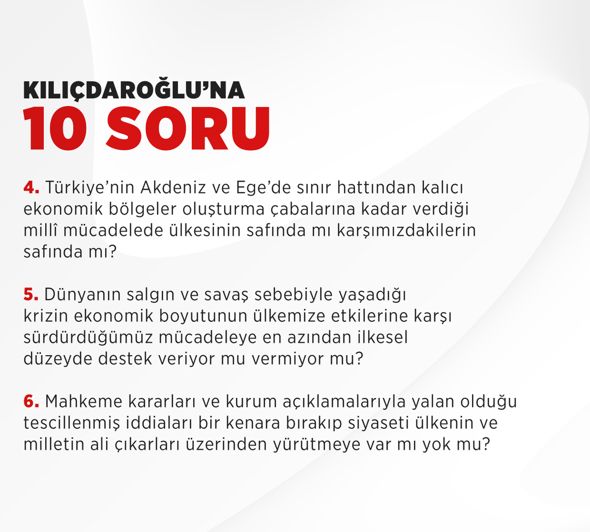 RTErdogan's tweet photo. Kılıçdaroğlu’na birkaç soru sormak istiyorum.

Bu sorulara öyle kıvırtarak, laf çevirerek, yuvarlak sözler sarf ederek değil; kesin, kati, net cevap vermesini bekliyorum. https://t.co/1LN8AoQ70M