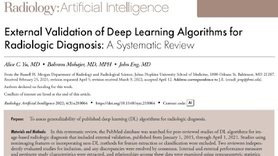 External validation infrequently reported for #DeepLearning in radiologic diagnosis doi.org/10.1148/ryai.2… <a href="/HopkinsMedicine/">Johns Hopkins Medicine</a> <a href="/Hopkins_Rad/">Johns Hopkins Radiology</a> #radiology #SystematicReview #AI