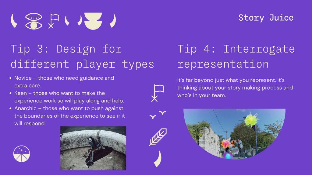 storyjuice's tweet photo. Story Juice creative director @hannahwood's 4 tips for immersive and interactive storytelling, including designing for anarchic players and having diverse voices in the story making process.

Read the full blog here 👉 https://t.co/qiWByxXTLl

#immersivestorytelling #gamewriting https://t.co/5yLqC7GSQh